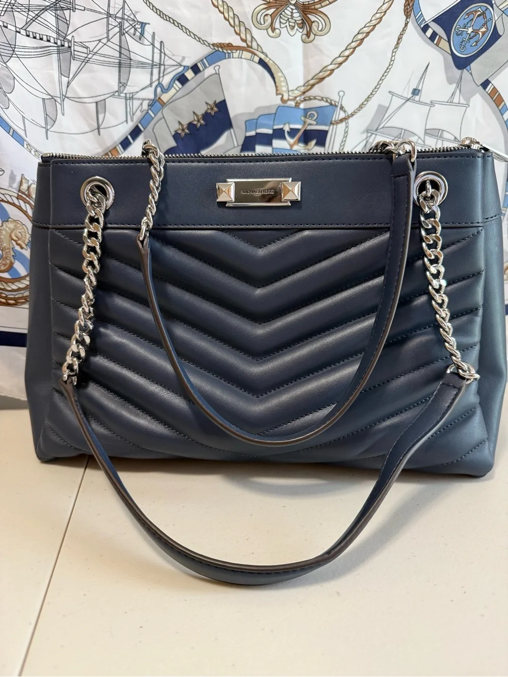 Michael Kors Quilted Navy Shoulder Tote with Silver Chain Straps